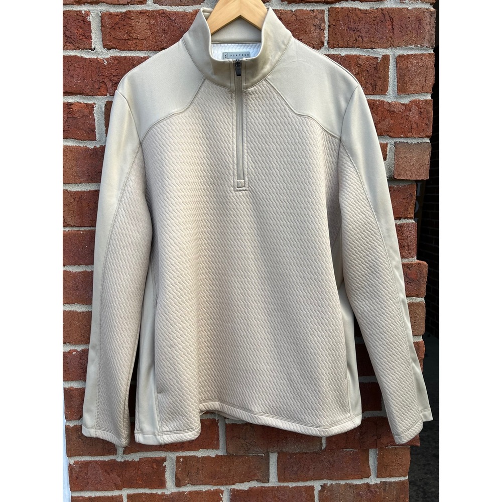 PGA Tour Mens Quarter Zip Pullover Beige Quilted Texture Golf Sweater Size M